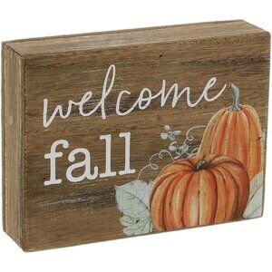 Mini Fall Wood Block Sign - Rustic Pumpkin Sign for Fall Themed Decor Welcome Fa